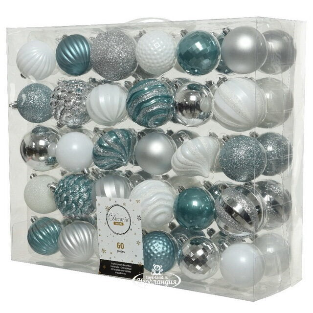 Palline di Natale Colore Bianco e Azzurre - Set 60 pezzi - 7 cm assortite