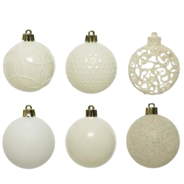 Palline di Natale Colore Bianco Lana - Set 37 pezzi - 6 cm - Glitter, Lucide & Opache