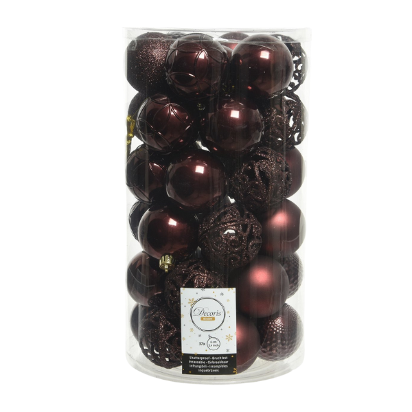 Palline di Natale Colore Marrone Scuro- Set 37 pezzi- 6 cm- Glitter- Lucide- Opache- 020845