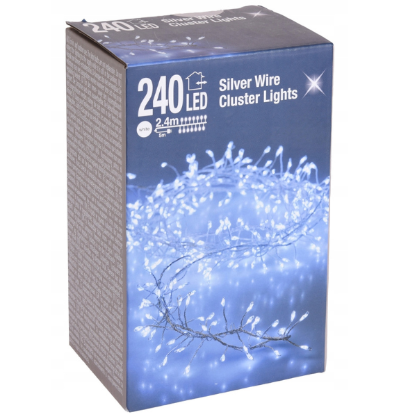 Catena 240 Led Bianco Freddo Luci a grappolo filo argento 2,4 mt- AX8206495