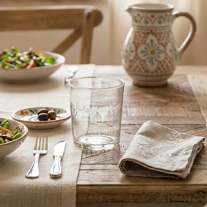 Bicchiere acqua 35 cl - Scritta: Due cuori e una capanna