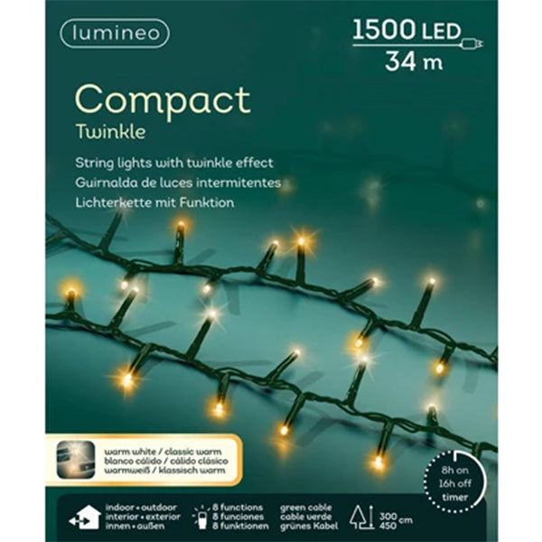Catena Luminosa 1500 LED Bianco Caldo  e Caldo Intenso - 34 mt- 8 Giochi di Luce e Timer 495426