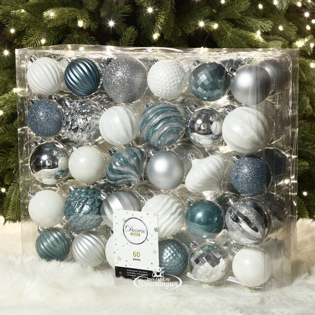 Palline di Natale Colore Bianco e Azzurre - Set 60 pezzi - 7 cm assortite
