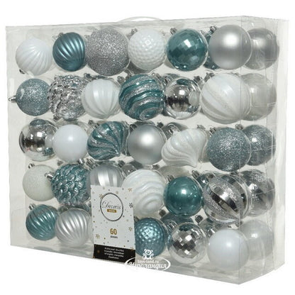 Palline di Natale Colore Bianco e Azzurre - Set 60 pezzi - 7 cm assortite