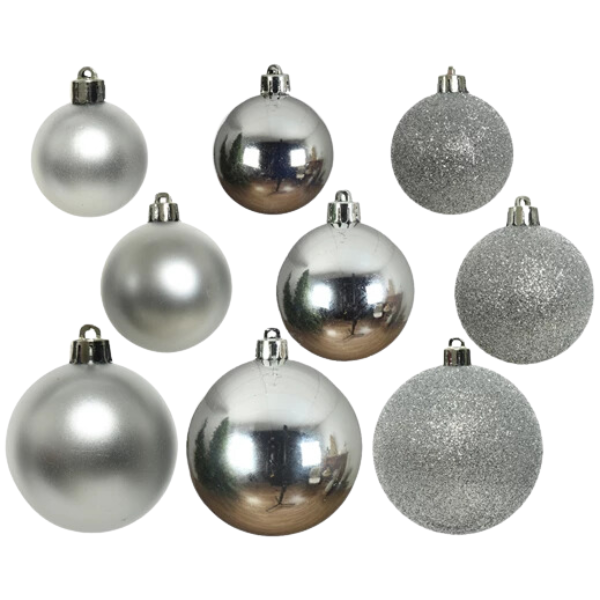 Palline di Natale Colore Argento- Set 26 Palline Glitter- Lucide- Opache- 020740