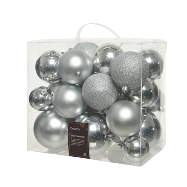 Palline di Natale Colore Argento- Set 26 Palline Glitter- Lucide- Opache- 020740