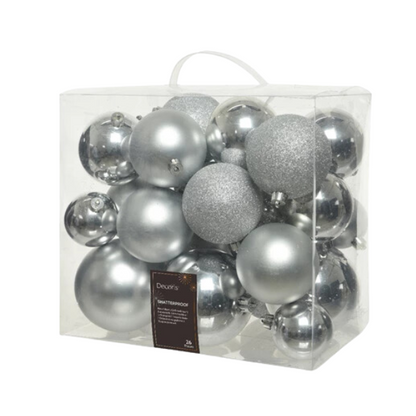 Palline di Natale Colore Argento- Set 26 Palline Glitter- Lucide- Opache- 020740
