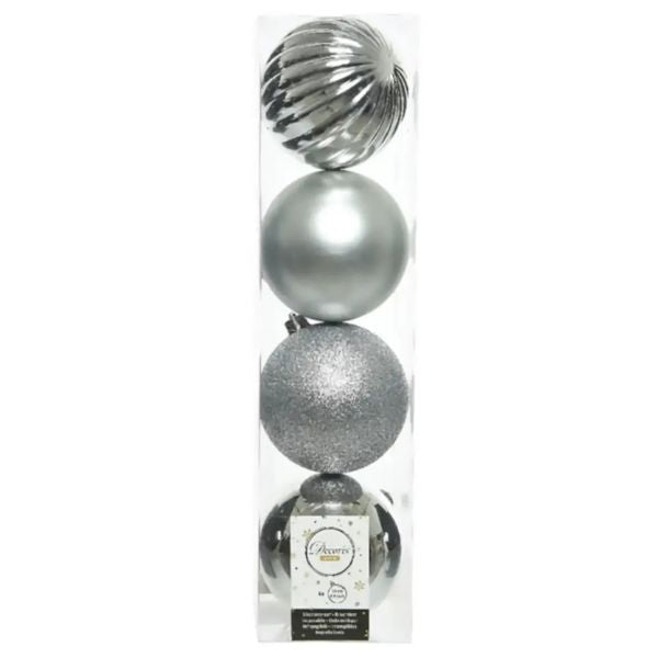 Palline di Natale Argento - 10 cm - 4 pz - Lucide, Opache, fanstasia