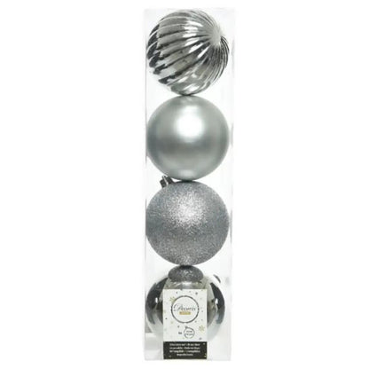 Palline di Natale Argento - 10 cm - 4 pz - Lucide, Opache, fanstasia