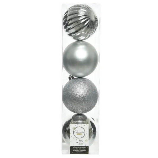 Palline di Natale Argento - 10 cm - 4 pz - Lucide, Opache, fanstasia