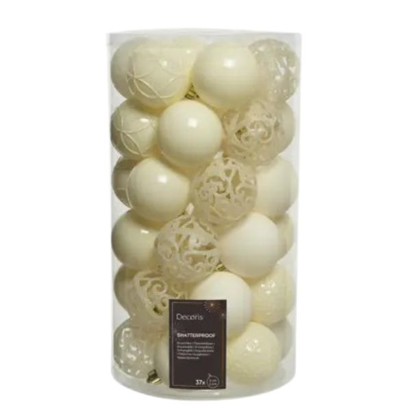 Palline di Natale Colore Bianco Lana - Set 37 pezzi - 6 cm - Glitter, Lucide & Opache