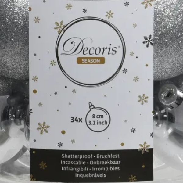 Palline di Natale Colore Argento - Set 34  pezzi - 8 cm - Glitter, Lucide & Opache
