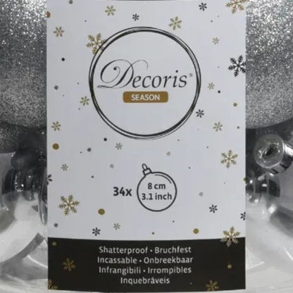 Palline di Natale Colore Argento - Set 34  pezzi - 8 cm - Glitter, Lucide & Opache