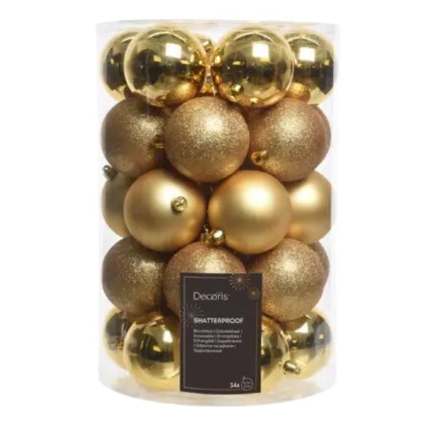 Palline di Natale Colore Oro - Set 34  pezzi - 8 cm - Glitter, Lucide & Opache