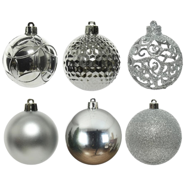 Palline di Natale Colore Argento- Set 37 pezzi- 6 cm- Glitter- Lucide- Opache- 020801