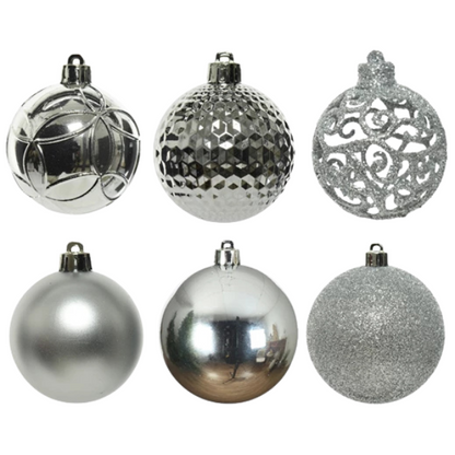 Palline di Natale Colore Argento- Set 37 pezzi- 6 cm- Glitter- Lucide- Opache- 020801