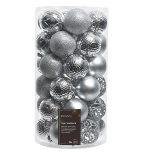 Palline di Natale Colore Argento- Set 37 pezzi- 6 cm- Glitter- Lucide- Opache- 020801