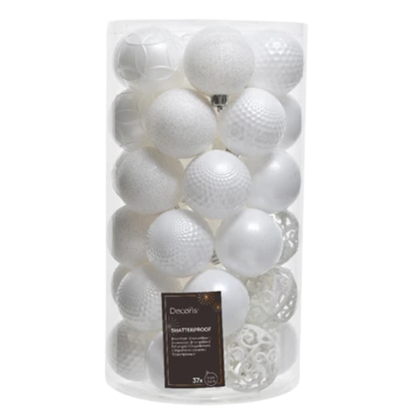 Palline di Natale Colore Bianco- Set 37 pezzi- 6 cm- Glitter- Lucide- Opache- 020804