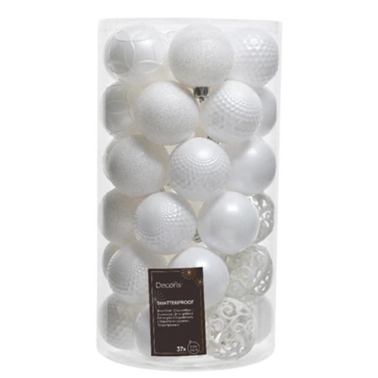 Palline di Natale Colore Bianco- Set 37 pezzi- 6 cm- Glitter- Lucide- Opache- 020804