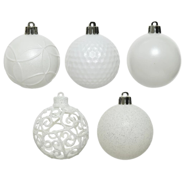 Palline di Natale Colore Bianco- Set 37 pezzi- 6 cm- Glitter- Lucide- Opache- 020804