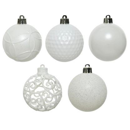 Palline di Natale Colore Bianco- Set 37 pezzi- 6 cm- Glitter- Lucide- Opache- 020804