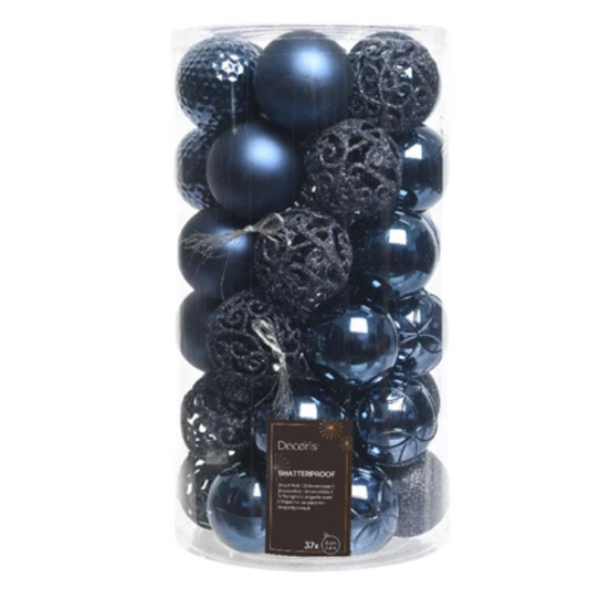 Palline di Natale Colore Blu- Set 37 pezzi- 6 cm- Glitter- Lucide- Opache- 020810