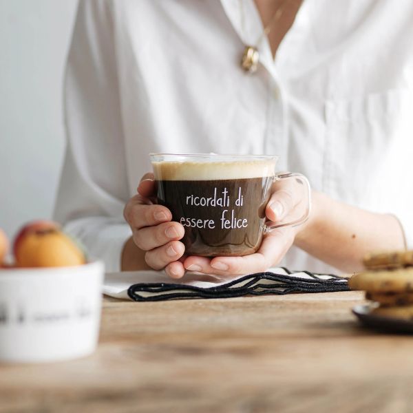 Set 2 tazze vetro - Scritta: Ricordati di essere felice