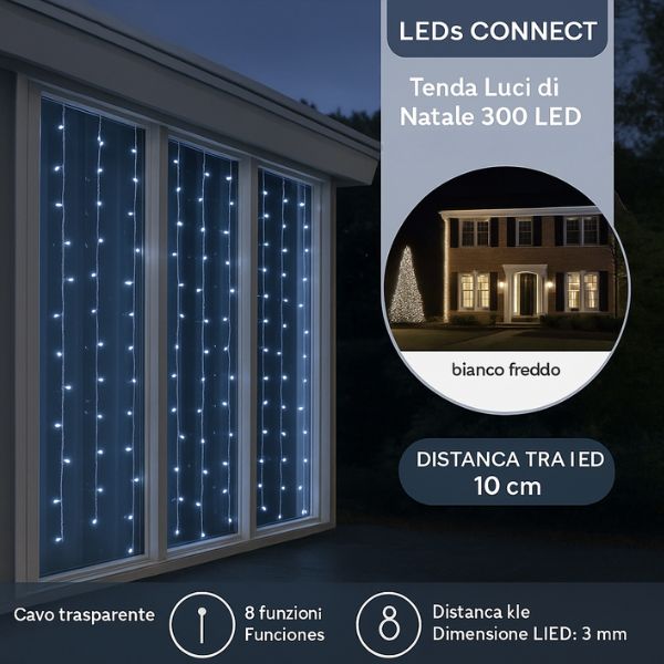 Tenda Luci di Natale 300 LED Bianco Freddo 1,5 X 3 mt - 495807