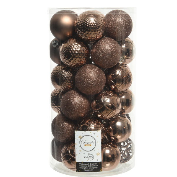 Palline di Natale Colore Marrone Chiaro - Set 37 pezzi- 6 cm- Glitter- Lucide- Opache- 020904