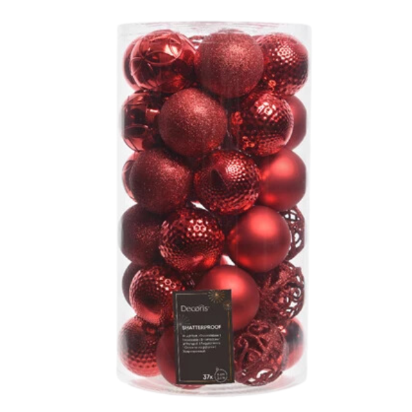 Palline di Natale Colore Rosse- Set 37 pezzi- 6 cm- Glitter- Lucide- Opache- 020802