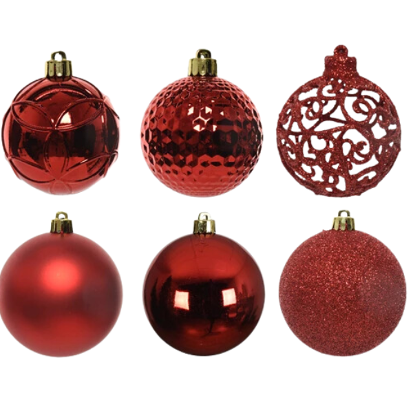 Palline di Natale Colore Rosse- Set 37 pezzi- 6 cm- Glitter- Lucide- Opache- 020802