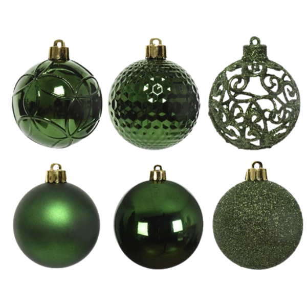 Palline di Natale Colore Verde Scuro - Set 37 pezzi- 6 cm- Glitter- Lucide- Opache-020811