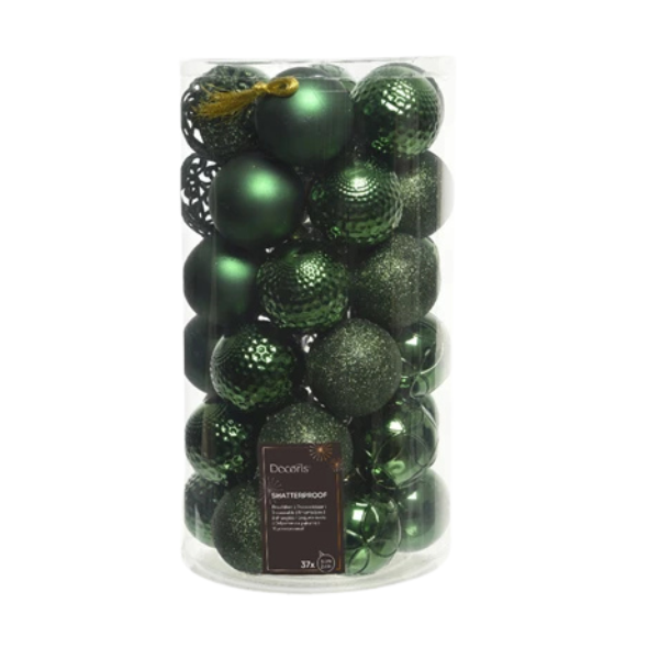 Palline di Natale Colore Verde Scuro - Set 37 pezzi- 6 cm- Glitter- Lucide- Opache-020811
