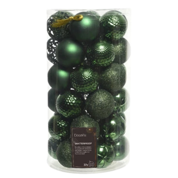 Palline di Natale Colore Verde Scuro - Set 37 pezzi- 6 cm- Glitter- Lucide- Opache-020811