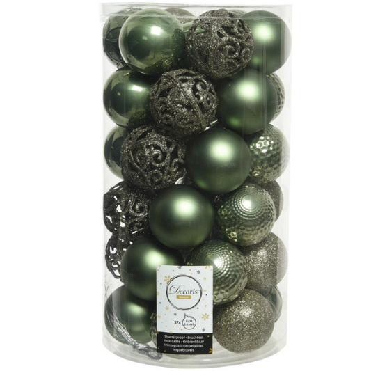 Palline di Natale Colore Verde Salvia- Set 37 pezzi- 6 cm- Glitter- Lucide- Opache- 020910